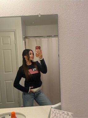 Vintage Polo Jeans Ralph Lauren American Flag Knit Sweater Navy Small